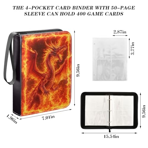 Blue Red Fire Dragon Card Binder, 4 Pocket Trading Card Holder with 50 Removable Sleeves, Zipper Card Binder Fits 400 Cards, Collection Card Storage Case Album Book Gifts - color: Dragon