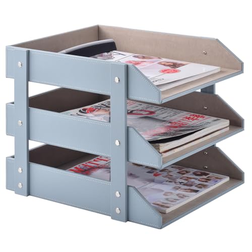 Leather Desk Organize Holder,3-Layer Stackable Letter Tray,Used to Store documents,Folders,Stationery,Magazines,Paper,and Other Home Office Supplies,Desk File Rack (Grey) - color: Gray