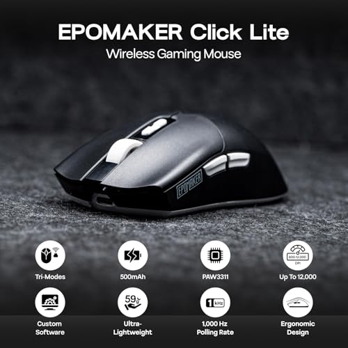 EPOMAKER Click Lite Wireless Gaming Mouse, 800 to 12,000 DPI Adjustable, PAW3311 Sensor, 500mAh, 59g, 2.4G/BT/USB-C Rechargeable Wireless Mouse with 5 Programmable Buttons for PC/Mac/Linux (Black) - color: Black