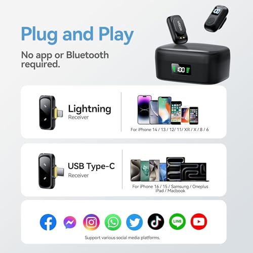 occiam Mini Lavalier Microphone for iPhone & Android Wireless Microphone | Noise Reduction Magnetic Mini Lapel Mic with 54H Charging Case for YouTube Podcast Tiktok Vlogging Video Recording Black
