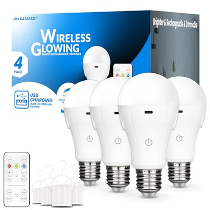 WirelessGlow Rechargeable Light Bulbs with Remote, 3 Color Temperatures and Dimmable Battery Light Bulbs, Touch Control + USB Rechargeable Battery Operated Light Bulb, A19 - color: 3000k-4000k-6500k, size: 4 Count (Pack of 1)