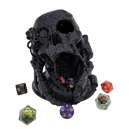 Mechanical Skull Dice Tower Dungeons and Dragons RPG abletop Roleplaying Game Jail D&D (Random 7PCS D20 Dice Set Included) Black - color: Black