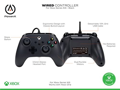 PowerA Wired Controller for Xbox Series X|S - Black, gamepad, wired video game controller, gaming controller, works with Xbox One and Windows 10/11 - style: Black