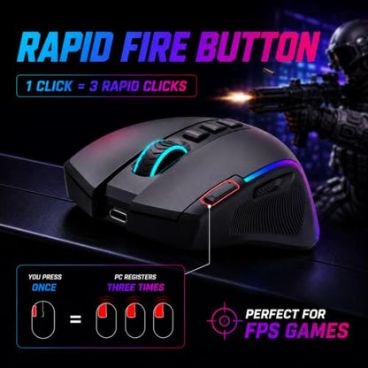 E-YOOSO Ergonomic Wireless Gaming Mouse, Tri-Mode, Rapid Fire Key, 8000 DPI | 9 programmable buttons, 6 RGB modes, 75-hour battery, contoured thumb rest, 1000Hz polling, for right-handed gaming and work