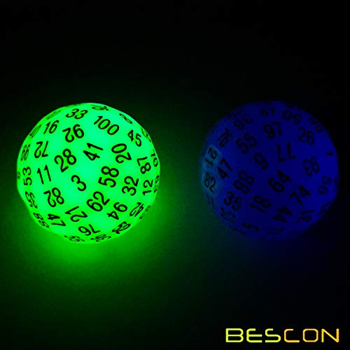 Bescon Super Jade Glow in Dark Polyhedral Dice 100 Sides, Luminous D100 die, 100 Sided Cube, Glowing D100 Game Dice - color: Jade Glowing