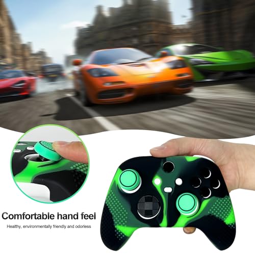 Anti-Slip Green Black Controller Skin,Studded Edition Protective Silicone Cover Skin Grips Compatible with Xbox Series X/S Controller and 6 PCS Thumb Grips Caps. - color: Green Black