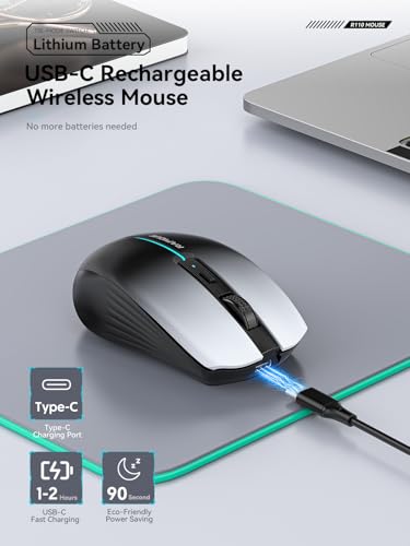 RAPIQUE Bluetooth Wireless Mouse, Dual Bluetooth 5.1 & 2.4G, White to Black | 3-Device Switching, USB-C Rechargeable, Quiet Clicks, 800/1200/1600 DPI, Ergonomic 6-Button for Laptop/MacBook/PC - color: White to Black Gradient