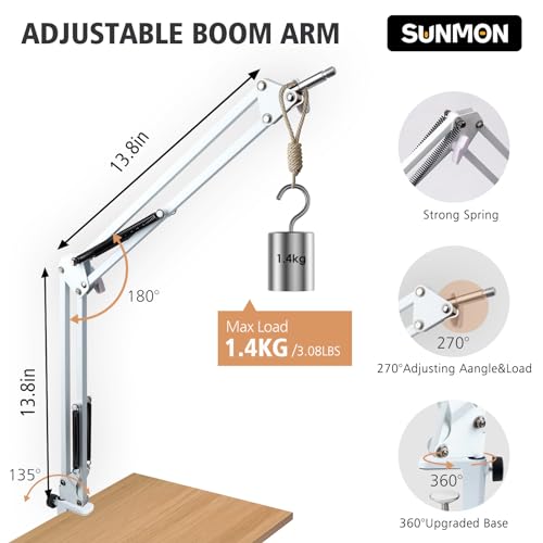 SUNMON White Boom Arm for Fifine AM8 - Mic Boom Arm Compatible with Fifine Microphone, Mic Boom Arm with 3/8" to 5/8" Screw Adapter Clip, Microphone Boom Arm with Desk Clamp - color: Mic Arm for Fifine AM8-White
