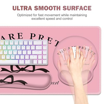 Gaming Mouse Pad, Large Desk Mat, 4in1 XXL Mousepad Cute Desk Pad Protector | Keyboard Wrist Rest+Mouse Wrist Rest+Coaster Set with Ergonomic Desk Pad for Home Office Table Computer, Pink Pretty Bow - color: Pink Pretty Bow