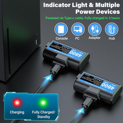 JAVRUNWOF Rechargeable-Battery-Pack-for-Xbox-Controller, 2x4800mWh Batteries Pack with Fast USB-C Charger for Xbox One S X Elite/X-Box Series X|S Controller Play and Charge Kit Skins for X-Box 360 - color: Blue