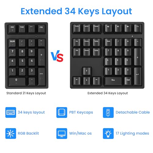 Gurjot Number Pad, Mechanical USB Wired Numeric Keypad with RGB LED Backlit,34 Keys Numpad Keyboard with PBT Keycaps Blue Switches for Windows/Mac Laptop,Computer,Desktop,PC,Notebook (Black) - color: black
