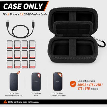 Comecase Dual SSD Case for SanDisk Extreme Portable SSD and Extreme PRO | Holds 2 Drives & 12 SD Cards, Elastic Strap Fit 500GB/1TB/2TB/4TB/8TB, Cable Groove and Carabiner for Travel, Black,Case Only - color: Black