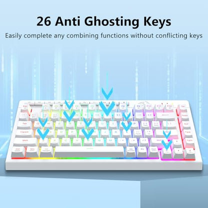 Redragon Wireless Gaming Keyboard, Bluetooth/2.4GHz/USB-C Wired, RGB Backlit, Portable 75% Mini Quiet Macro Membrane Keyboard, Rechargeable 4000mAh Battery, Anti-Ghosting for Win/MAC, White - color: White