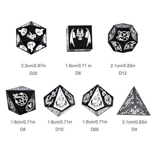 Cusdie 7-Piece Sharp Edges DND Dice Set with Dragon Pattern - Perfect for Tabletop RPGs Board Games Gifting and Collecting(Black with White Number) - color: Dragon Pattern B/W