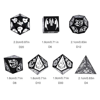 Cusdie 7-Piece Sharp Edges DND Dice Set with Dragon Pattern - Perfect for Tabletop RPGs Board Games Gifting and Collecting(Black with White Number) - color: Dragon Pattern B/W
