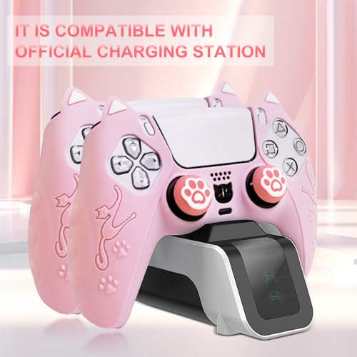 Pink Cat Ear PS5 Controller Cover - Cute Silicone Skin with Cat & Paw Prints + 2 Matching Cat Paw Thumbstick Caps | Kawaii Non-Slip Grip for PlayStation 5 Controller - color: Light Pink