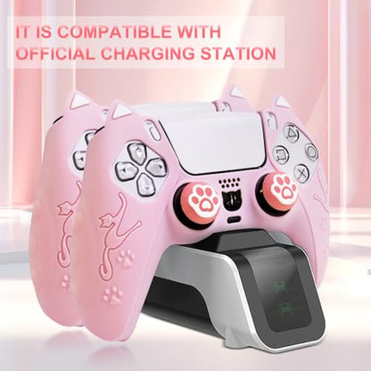 Pink Cat Ear PS5 Controller Cover - Cute Silicone Skin with Cat & Paw Prints + 2 Matching Cat Paw Thumbstick Caps | Kawaii Non-Slip Grip for PlayStation 5 Controller - color: Light Pink