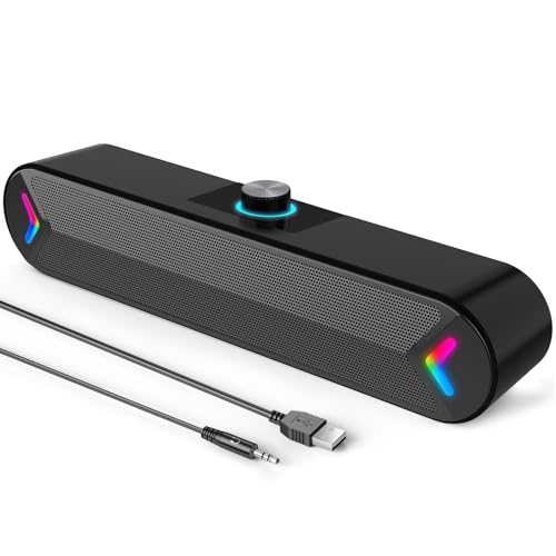 LENRUE Computer Speakers,PC Speakers for Desktop,Wired USB-Powered Sound-bar for Computer with 10W Stereo Sound and Colorful Light,Plug-n-Play (A39PRO /Black) - color: black