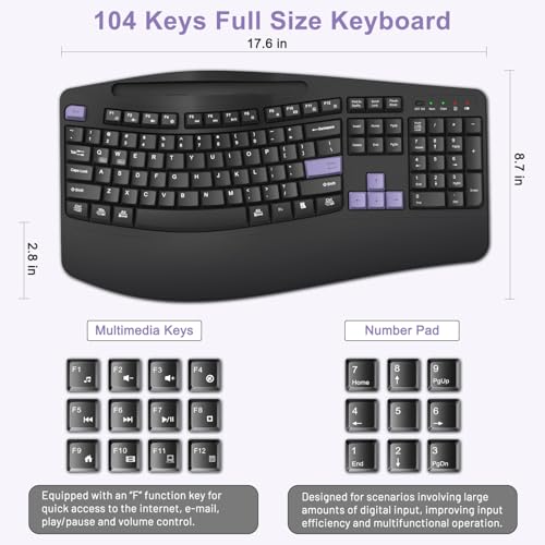 Wireless Keyboard and Mouse Combo, Full Size Ergonomic Wave Keys(Purple-B) | 2.4G Ergonomic Keyboard with Wrist Rest, Phone Holder, 3-Level DPI Silent Mouse with 6-Buttons, for Windows/Mac OS/Laptop/PC - color: Purple Black
