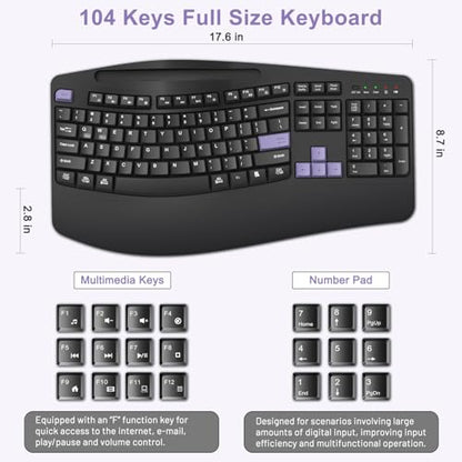 Wireless Keyboard and Mouse Combo, Full Size Ergonomic Wave Keys(Purple-B) | 2.4G Ergonomic Keyboard with Wrist Rest, Phone Holder, 3-Level DPI Silent Mouse with 6-Buttons, for Windows/Mac OS/Laptop/PC - color: Purple Black