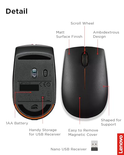 Lenovo 300 Wireless Mouse, Black, Computer Mouse for PC and Laptop with Windows, Ambidextrous Design, 2.4 GHz Nano USB Receiver, 12 Month Battery Life - color: Black
