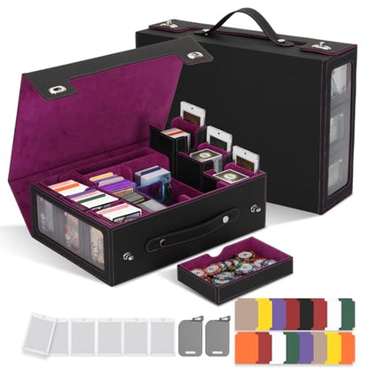 MTG Commander Deck Box with Handle, 6Removable Boxes,2-Row Case & Dice Tray | 9-in-1 Large Card Storage Box, Holds 1400+ Double-Sleeved Cards, Display Window,Mag Holders, Latch Closure,Fit TCG/EDH,Purple - color: Purple