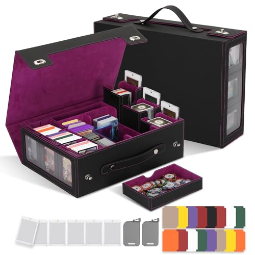 MTG Commander Deck Box with Handle, 6Removable Boxes,2-Row Case & Dice Tray | 9-in-1 Large Card Storage Box, Holds 1400+ Double-Sleeved Cards, Display Window,Mag Holders, Latch Closure,Fit TCG/EDH,Purple - color: Purple