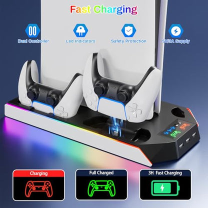PS5 Cooling Station Stand RGB with Dual Controller Charging Station for PlayStation 5 Console, PS5 Accessories Incl. Controller Charger, Cooling Fan, Headset Holder, 3 USB Hub - color: Black & white