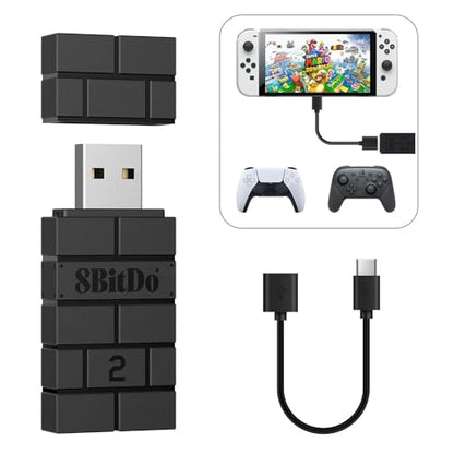 8BitDo Wireless USB Adapter 2 for Switch/Switch 2/Pro Controller, Windows PC, Mac & Raspberry Pi, Compatible with Xbox Series X & S, Xbox One Bluetooth, PS5 Controller-Black，OTG Cable - color: USB Adapter2-Black+OTG