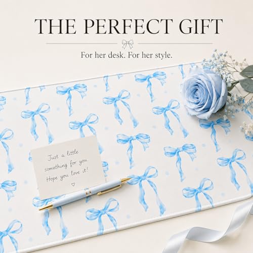 Blue Bow Desk Mat 35.4x15.7 Inch, Large Extended Mouse Pad with Coquette Bow Pattern, Non-Slip Waterproof Desk Pad for Home Office, Study & Aesthetic Setup (Blue Bow) - color: Blue Bow