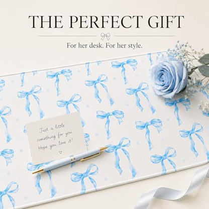 Blue Bow Desk Mat 35.4x15.7 Inch, Large Extended Mouse Pad with Coquette Bow Pattern, Non-Slip Waterproof Desk Pad for Home Office, Study & Aesthetic Setup (Blue Bow) - color: Blue Bow