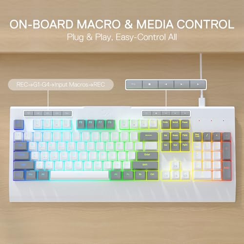 Redragon K525 RGB Backlit 104 Keys Wired Membrane Gaming Keyboard w/ 5 Multimedia Keys & 4 Extra On-Board Macro Keys, Dedicated Media Control, Ergonomic Wrist Rest, Linear Mechanical-Feel Switch - color: White, size: 104 Keys Lite
