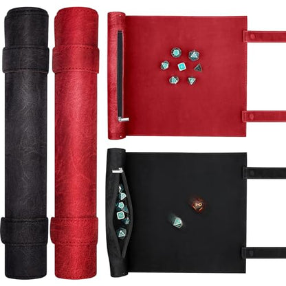 SIQUK 2 Pieces Magnetic Dice Mat Tray Rolling Mat with Zipper PU Leather Folding Scroll Dice Holder for D&D RPG Games (Red, Black) - color: Red, Black
