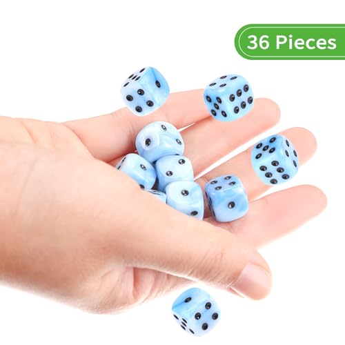 36 of Pack 12MM 6 Sided MINI Dice Set,Mixed Colours Swirls D6 Game Dice Set, 6 Sided Standard Dices for Yahtzee, Bunco or Teaching Math,with Portable Plastic Box(Blue White) - color: Blue White