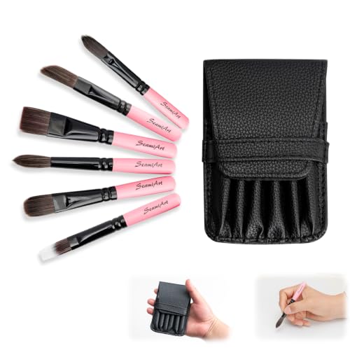 SEAMIART Travel Watercolor Brushes Set, 6pcs Mini Size Professional Paint Brushes with PU Case, Watercolor Travel Brushes for Plein Air, Urban Sketching - Pink