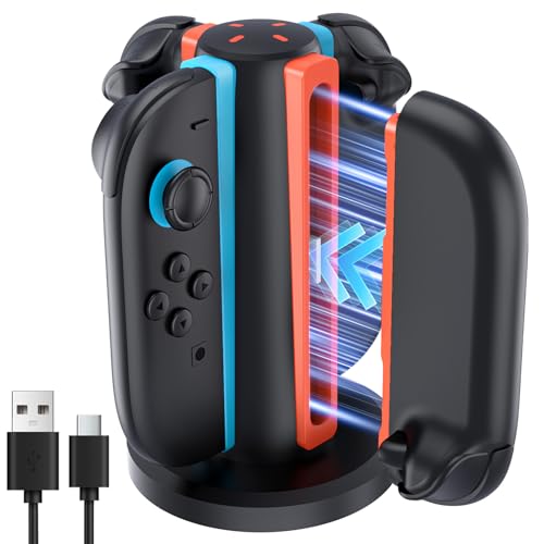 AceGamer 4-In-1 Charging Dock for Nintendo Switch 2 Joy-Con in Any Direction, 4-Port Magnetic Charging Station, Vertical Fast Charging Stand with LED Indication and USB Type-C Charger Cable, Black