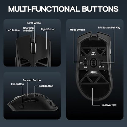 MechLands Aula SC620 Gaming Mouse, 2.4G/USB-C/BT Wireless Mouse with 400mAh Battery, Adjustable 12,000 DPI & 1000 Polling Rate, PAW3311 Sensor, RGB Lighting, Programmable Buttons, for Win/Mac (Black) - color: Black
