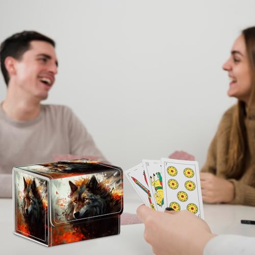 for MTG Commander Deck Box,Card Deck Box for Trading Yugioh MTG,Fits 100 Double Sleeved Cards,PU Leather Strong Magnet Case for Magic Commander TCG CCG,Fire Wolf - color: Fire Wolf