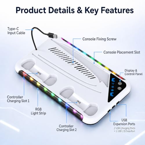 PS5/Slim/Pro Stand for Disc & Digital Console | Controller Charging Station, RGB Light & 3 Level Cooling Station , PS5 Accessories Headset Holder, Game Card Holder - color: White LED