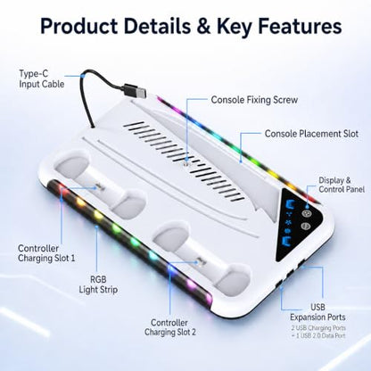 PS5/Slim/Pro Stand for Disc & Digital Console | Controller Charging Station, RGB Light & 3 Level Cooling Station , PS5 Accessories Headset Holder, Game Card Holder - color: White LED