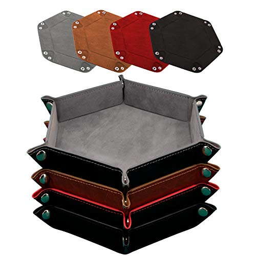 SIQUK 4 Pieces Dice Tray Hexagon Dice Rolling Holder Folding PU Leather Dice Trays for Dice Games Like RPG, DND and Other Table Games (Gray, Camel, Red and Black) - color: Gray, Camel, Red and Black