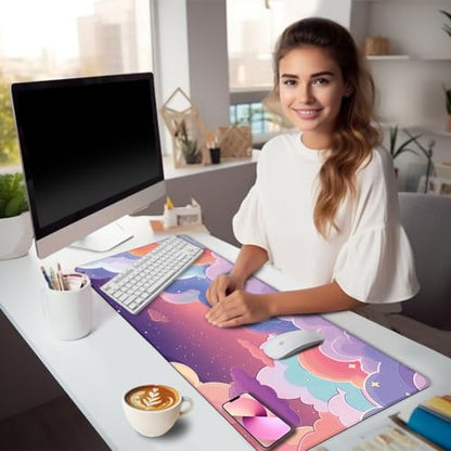 LIMKRIAN Purple Cloud Mouse Pad Kawaii Large Desk Mat, 31.5x11.8 in | Stitched Edges, Non-Slip, Mouse Pads for Gaming Computer Laptop, Desk Matt for Desktop, Cute Office Desk Accessories - color: Anime Purple Clouds