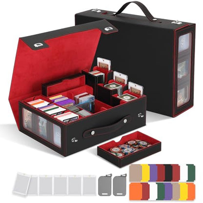 MTG Commander Deck Box with Handle, 6Removable Boxes,2-Row Case & Dice Tray | 9-in-1 Large Card Storage Box, Holds 1400+ Double-Sleeved Cards, Display Window,Mag Holders, Latch Closure,Fit TCG/EDH,Red - color: Red