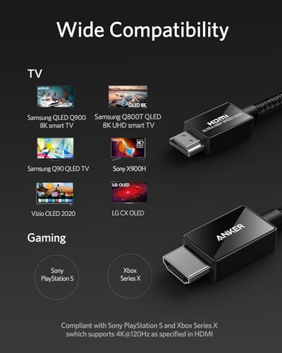 Anker HDMI 2.1 Cable, 48Gbps Ultra High Speed Cord with 8K@60Hz, 6.6ft | Supports 8K@60Hz and 4K@120Hz, HDR Quality, Compatible with PS5, Xbox, Samsung TVs and More - size: 6.6 Feet