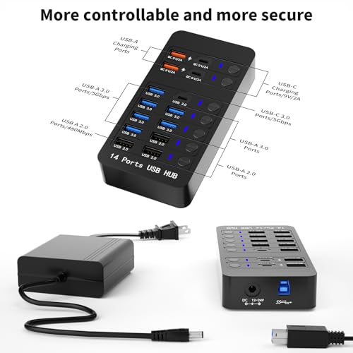 Powered USB Hub, 14 Ports USB Splitter Hub (10 Faster Data Transfer Ports+ 4 Smart USB Charging Port) USB Hub with LED Individual On/Off Switches for PC, Laptop, Desktop