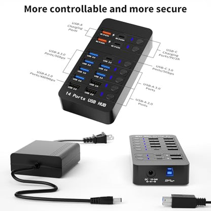 Powered USB Hub, 14 Ports USB Splitter Hub (10 Faster Data Transfer Ports+ 4 Smart USB Charging Port) USB Hub with LED Individual On/Off Switches for PC, Laptop, Desktop