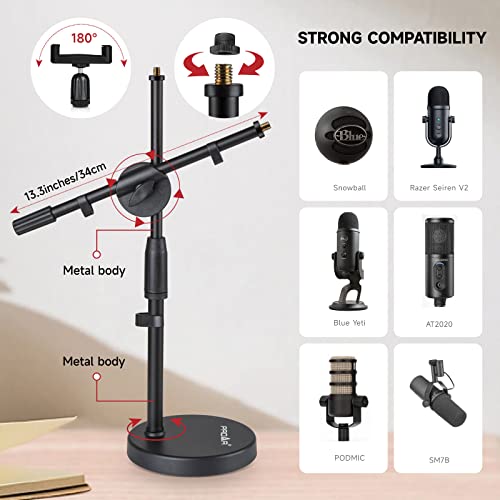 Microphone Stand Desk Adjustable Desktop Microphone Stand with Boom Arm Upgraded 3 in 1 Table Phone/Mic Stand with Microphone Clip,Cell Phone Clip,3/8" to 5/8" Adapter for Universail Mic