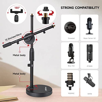 Microphone Stand Desk Adjustable Desktop Microphone Stand with Boom Arm Upgraded 3 in 1 Table Phone/Mic Stand with Microphone Clip,Cell Phone Clip,3/8" to 5/8" Adapter for Universail Mic