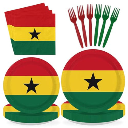 96 Pcs Ghanaian National Flags Party Decorations, Serves 24 | Flag of Ghana Plates and Napkins Red Yellow Green African Theme Set for Ghana Sports Soccer Events Independence Day Party - style: Ghana Themed Plates m
