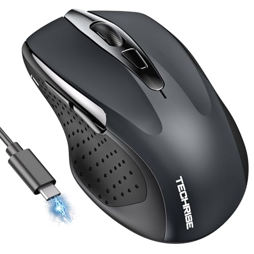 TechRise Bluetooth Mouse (BT5.0/3.0 & 2.4G) Rechargeable Wireless Mouse, 4800 DPI Optical Tracking, 6 Adjustable DPI, 2.4GHz with USB A Receiver, Quiet Clicks, Ergonomic Grips, 6 Buttons - Grey - color: Grey